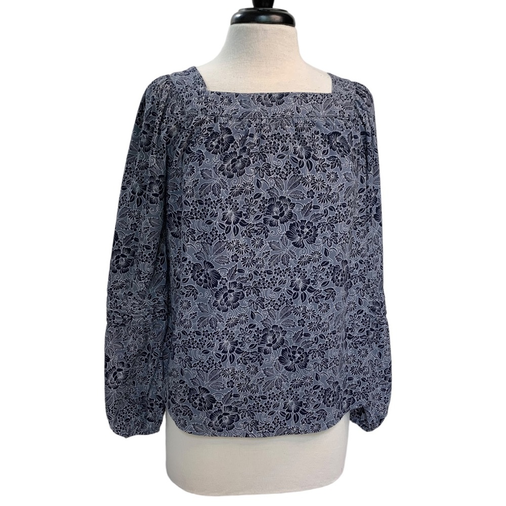 Lauren Conrad Womens Blue Floral Print Long Sleeve Square Neck Blouse